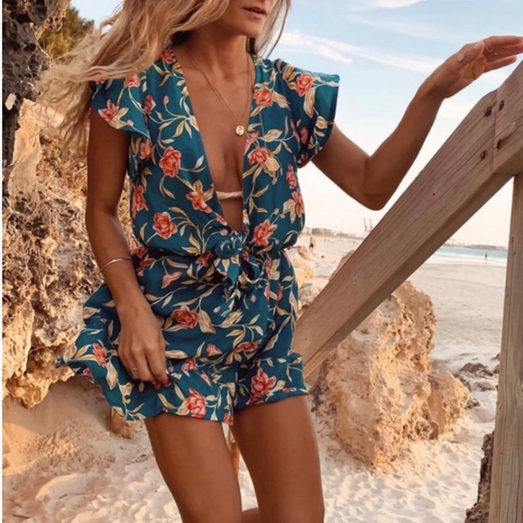 KIVARI Lucia Teal Floral Frill Wrap Mini Dress RRP$190 - Picture 7 of 16